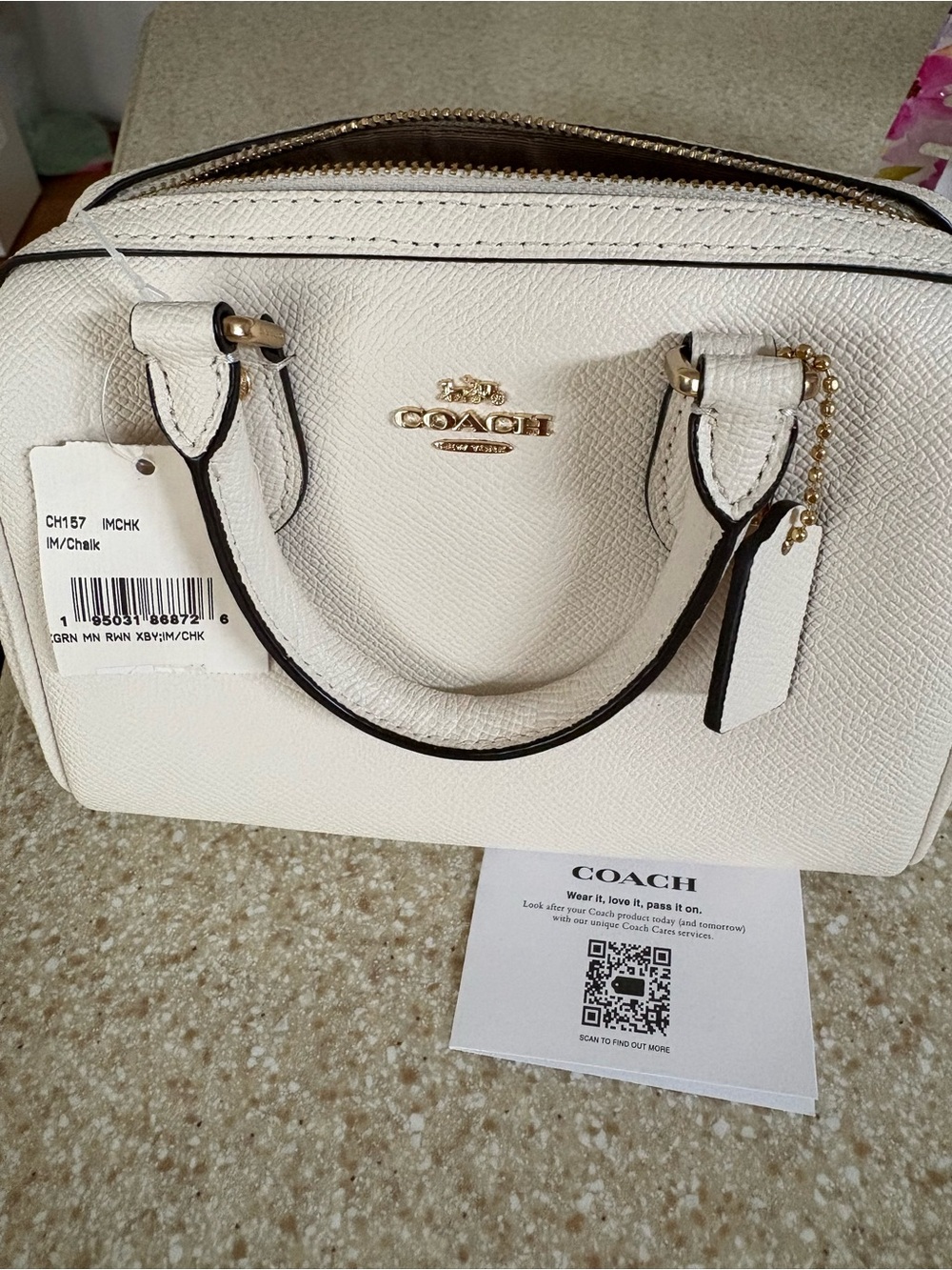 Coach Chalk Pebble Leather Mini Rowan Satchel/Crossbody with Gold Hardware